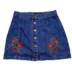 Forever 21 Floral Embroidered Button Front Denim Bohemian Mini Skirt Sz M